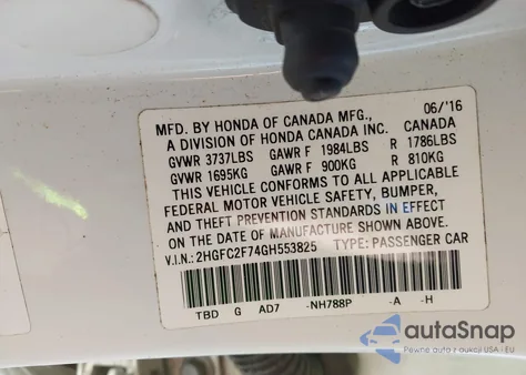 2016 Honda Civic Ex z USA, uszkodzony, nr VIN 2HGFC2F74GH553825